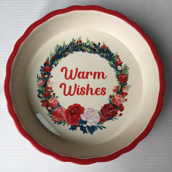 The Pioneer Woman Pie Plate Baking Dish Stoneware Christmas Floral Flower Red - Picture 1 of 11